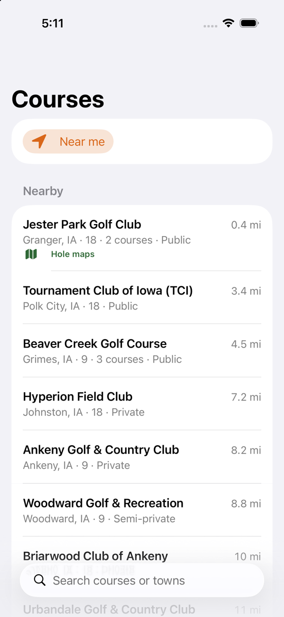 Round Radar course search showing Jester Park Golf Club 0.4 miles away, with hole maps